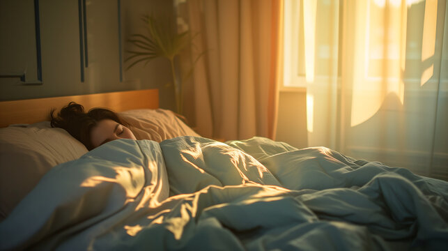 Young woman sleeping comfortably in a bed with soft morning sunlight. National bed month concept - Powered by Adobe