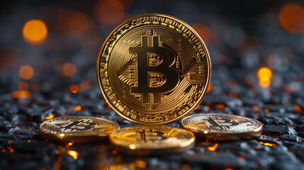 close up of Golden Bitcoins, Golden coins with bitcoin symbol crypto currency blockchain concept, Golden coins with bitcoin symbol on a mainboard, Financial growth concept with golden Bitcoins