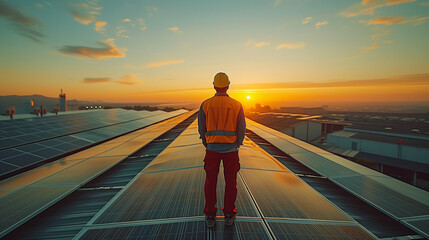 engineer standing on a roof with  solar panels 