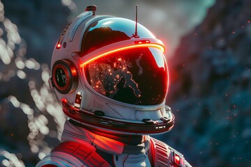 Astronaut, helmet with red light inside, exploring a new planet, space landscape of the area, dreamy lighting, anamorphic highlights, gargantua reflected in the helmet 