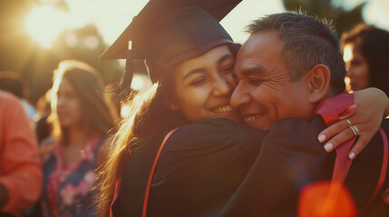 Young woman in his graduation gown and cap, hugging her parents at the graduation ceremony