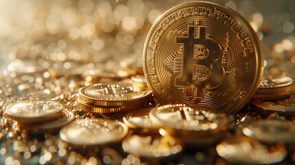 close up of Golden Bitcoin coins, Golden coins with bitcoin symbol crypto currency blockchain 