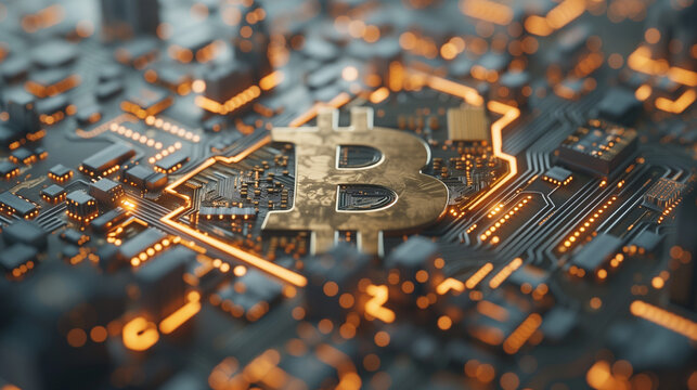 Bitcoin symbol crypto currency blockchain concept, Golden coins with bitcoin symbol on a mainboard, Financial growth concept with golden Bitcoins