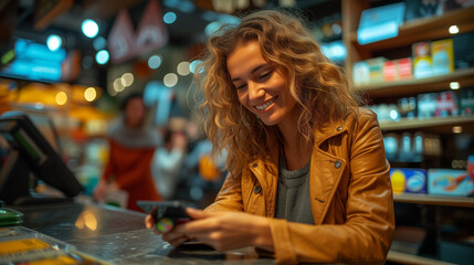 ustomers make wireless or contactless payments using credit card. Smiling cashier accepting payment over nfc technology, close up of hand with credit card in a store or supermarket