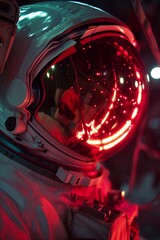 Astronaut, helmet with red backlight inside, space station, milky way galaxy, dreamy lighting, anamorphic highlights, gargantua reflected in the helmet