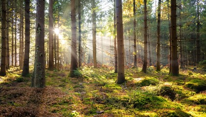 Sunbeams breaking through Spruce Tree Forest in autumn