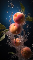 Three Peaches Falling Into Water With Leaves
