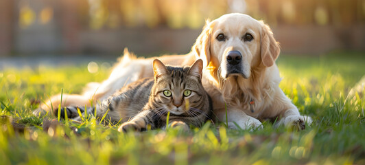 A cute dog and cat lying together on green grass in a spring sunny background, representing peaceful companionship and love between pets.