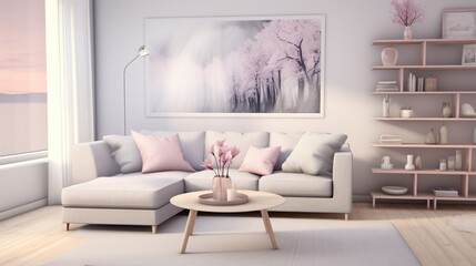 Interior design of modern contemporary living room with elegant color palette