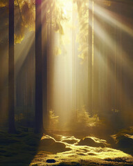 Sunbeams breaking through Spruce Tree Forest in autumn