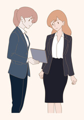 Two of business people looking at, using digital tablet together. 2 Happy business colleagues having discussion about work over tablet. Hand drawn flat cartoon character vector illustration.