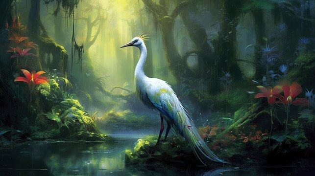 Beautiful colorful bird and flowers in the forest. Painting on canvas