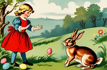 A vintage-style illustration, a girl is playing with Easter bunnies on a background of nature. Postcard concept. Illustration by Generative AI.