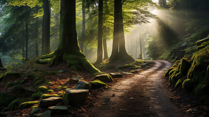 Mystical forest pathway with sunbeams filtering through the trees, creating a serene and magical atmosphere.