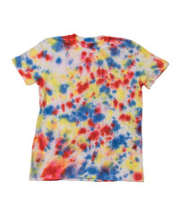 A spotted tie dye-style T-shirt isolated on a white background.