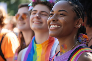  Smiling Faces at Pride: Group of Friends Wearing Rainbow Colors Celebrating Love and Equality