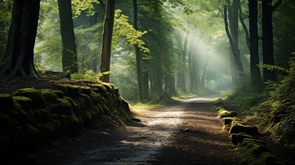 Rolgordijnen Mystical forest pathway with sunbeams filtering through the trees, creating a serene and magical atmosphere. © MyPixelArtStudios