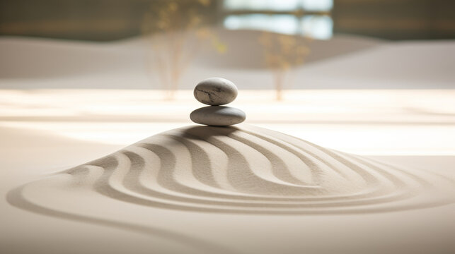 Fototapeta Zen garden with stacked stones on raked sand depicting tranquility and balance, with a warm sunlight background.