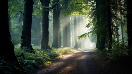 Mystical forest pathway with sunbeams piercing through morning mist, creating a serene and magical atmosphere.