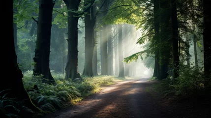 Poster Mystical forest pathway with sunbeams piercing through morning mist, creating a serene and magical atmosphere. © MyPixelArtStudios