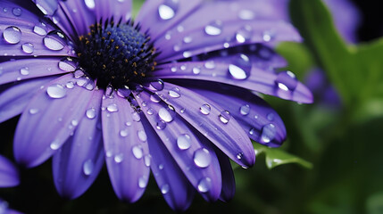 Close-up of a purple daisy with water droplets on petals, vibrant nature background.
