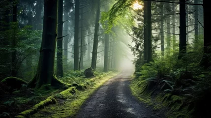 Washable wall murals Road in forest Mystical forest pathway with sunbeams piercing through morning mist, creating a serene and magical atmosphere.