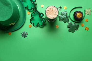 Mug of dark beer with plastic eyeglasses, leprechaun hat and decor for St. Patrick's Day...