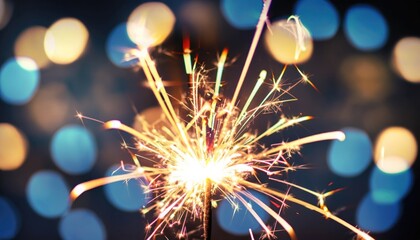 Glittering burning sparkler against blurred bokeh light background