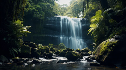 Tranquil waterfall in a lush forest with sunlight filtering through the foliage, serene nature scene.