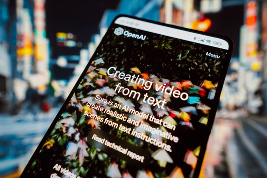 February 15, 2024, Brazil. In this photo illustration, the homepage for Sora, OpenAI video artificial intelligence is displayed on a smartphone screen.
