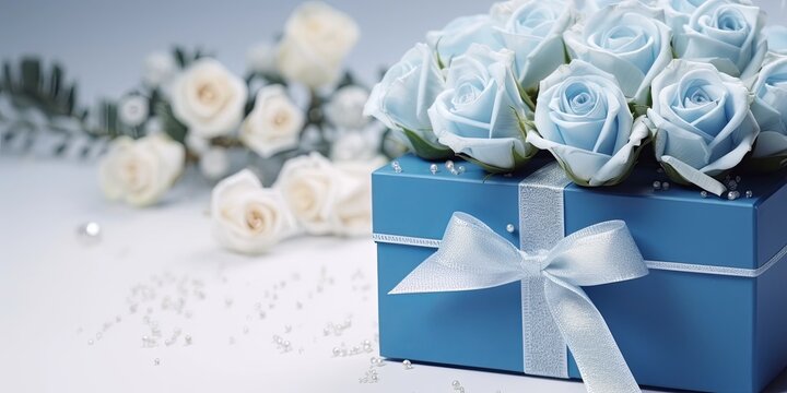Bouquet of blue rose gift box on bright background. Father's day-mother's day. greeting card. presentation. advertisement. copy text space.