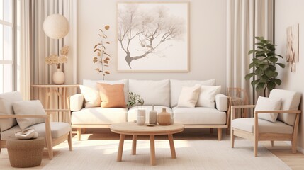 Fototapeta na wymiar Modern sophisticated living room interior design inspired by scandinavian elegance and color palettes 
