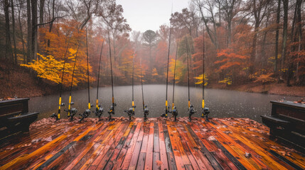 High-End Fishing Rods Set: Lake View Serenity - obrazy, fototapety, plakaty