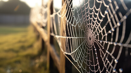 Dew-covered spider web on a wooden fence with a blurred background of an early morning garden