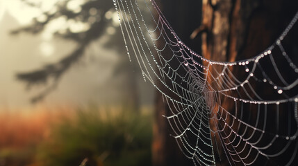 Dew-covered spider web glistening in morning sunlight