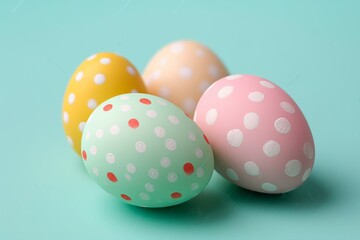 Fototapeta na wymiar Four brightly colored Easter eggs adorned with polka dots, elegantly arranged on a pastel blue surface. 