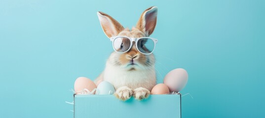 A playful Easter rabbit wearing white sunglasses, peeking over a box with pastel eggs against a turquoise backdrop.
