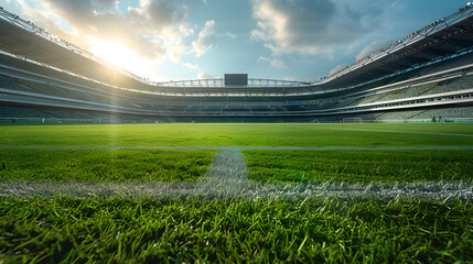 A green field at a football stadium, where a game or competition is about to take place, surrounded by an audience or spectators. - obrazy, fototapety, plakaty