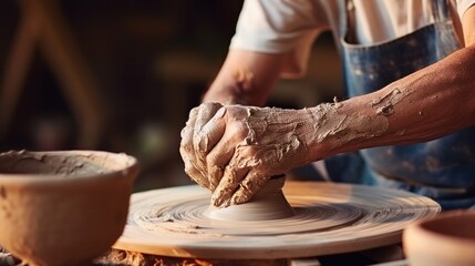 Fototapeta na wymiar Hands of potter making clay pot. Neural network AI generated art