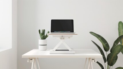 Clean and Contemporary White Table Workspace with Laptop and Standing Desk Converter AI Generated.
