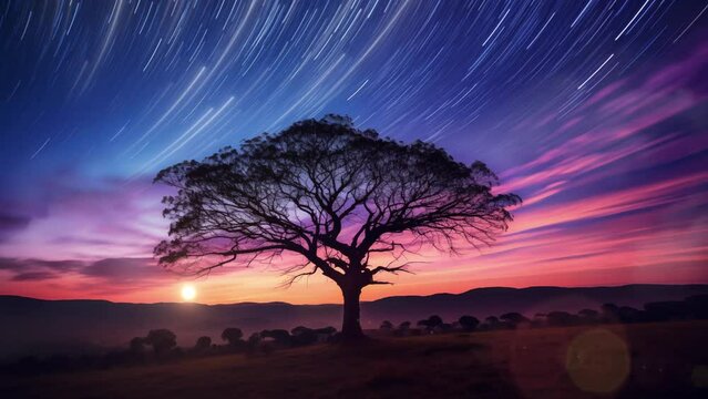 beautiful tree silhouette with amazing sky background. a mesmerizing astrophotography image of celestial . seamless looping overlay 4k virtual video animation background 