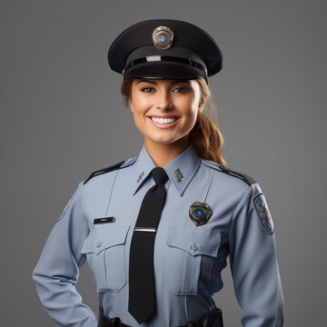Mulher policial uniformizada e sorrindo