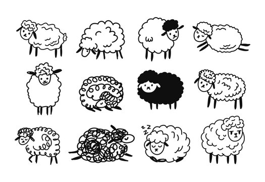 Set of doodle balck and white sheep.