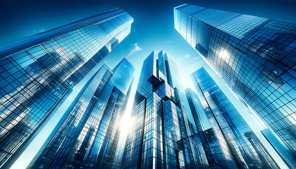 Fototapeta na wymiar Reflective Glass Skyscrapers Soaring into Clear Blue Sky