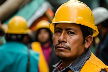 A construction worker with a determined look in a yellow hard hat, with blurred colleagues in multicolored helmets behind him