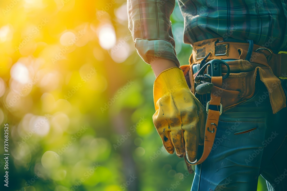 Wall mural A laborer's hand in a used yellow glove stands out against a blurred, sunny green backdrop, with a tool belt around their waist