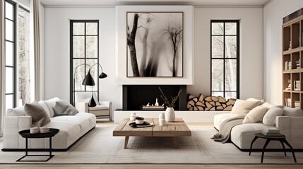 Fototapeta na wymiar Modern sophisticated living room interior design inspired by scandinavian elegance and color palettes 