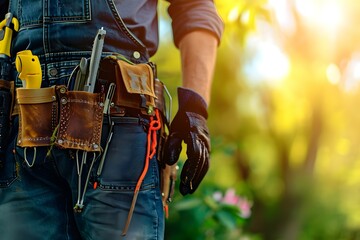 A close-up of a worker's midsection wearing a denim overall and a leather tool belt equipped with tools and gloves against a sunny, green outdoor backdrop - obrazy, fototapety, plakaty