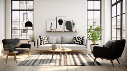 Modern sophisticated living room interior design inspired by scandinavian elegance and color palettes  - obrazy, fototapety, plakaty