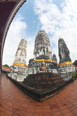 The main prang of Wat Mahathat Worawihan. It is an architecture built in the 18th century , consisting of a main prang and three subordinate prangs on the same base. Located at  Ratchaburi ,Thailand.